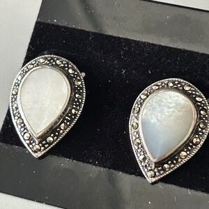 925 Sterling Silver Mother Of Pearl Marcasite TEARDROP Post Back Earrings TH 1"